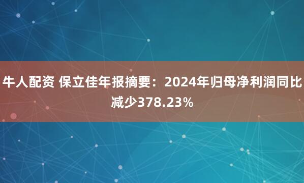 牛人配资 保立佳年报摘要：2024年归母净利润同比减少378.23%
